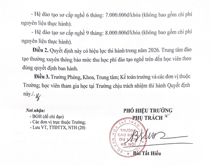 Quyết định số 34/QĐ-CĐDLHN ngày 13/1/2026 V/v phê duyệt và ban hành mức thu học phí đào tạo nghề năm 2026 đối với học viên các lớp sơ cấp nghề tại Trường CĐ Du lịch Hà Nội