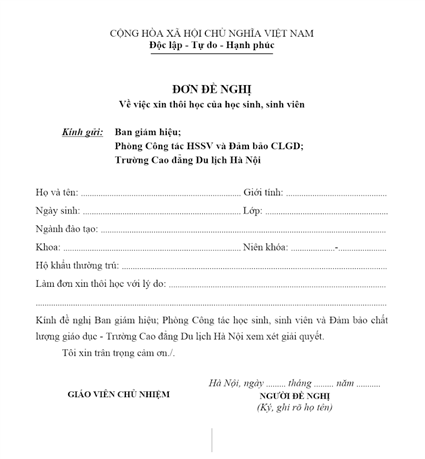 Mẫu đơn đề nghị thủ tục hành chính của HSSV 