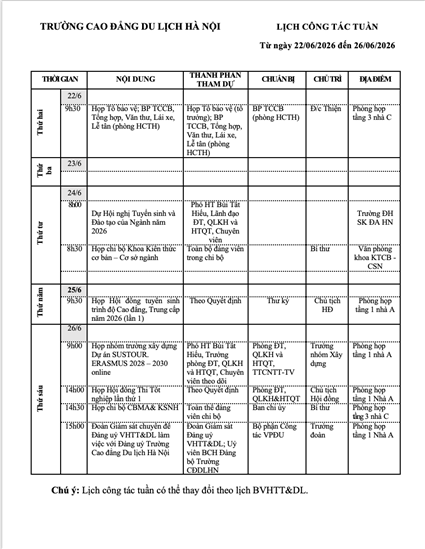 Lịch công tác tuần từ ngày 22/6 - 26/6/2026