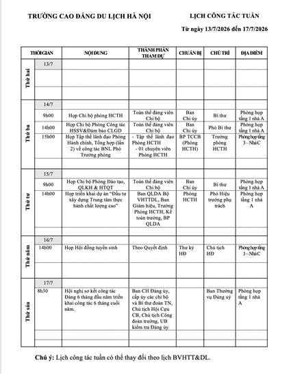 Lịch công tác tuần từ ngày 13/07 - 17/07/2026