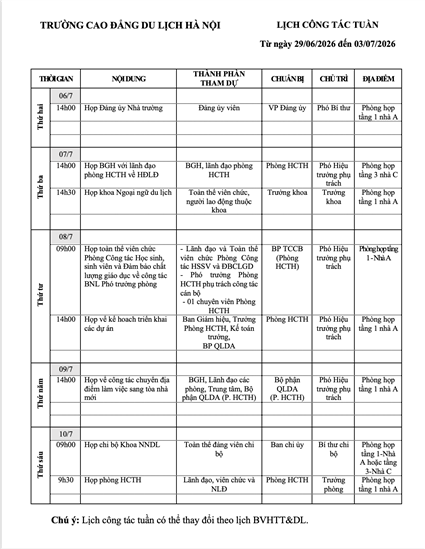Lịch công tác tuần từ ngày 29/06 - 03/7/2026