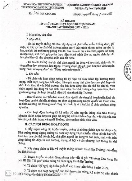 Kế hoạch tổ chức các hoạt động kỉ niệm 50 năm thành lập Trường (1972 - 2022)