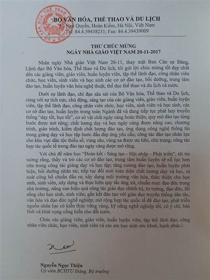 Thư Chúc mừng ngày Nhà giáo Việt Nam của Bộ trưởng Bộ Văn Hóa, Thể thao và Du lịch
