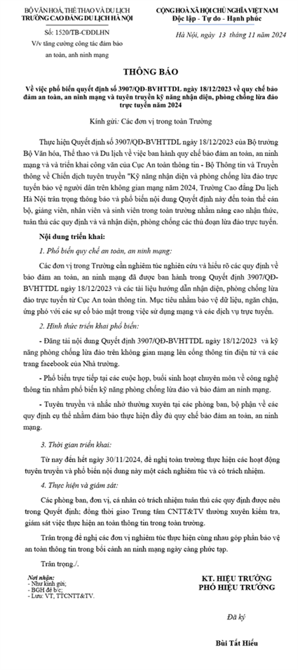 Thông báo số 1520/TB-CDDLHN ngày 13/11/2024 V/v phổ biến QĐ số 3907/QĐ-BVHTTDL về quy chế bảo đảm an toàn, an ninh mạng