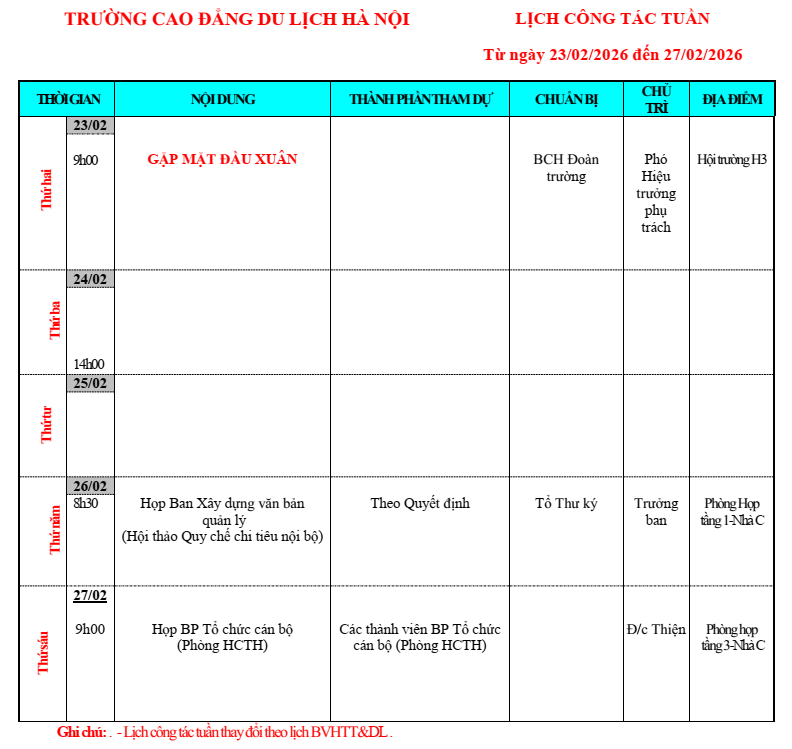 Lịch công tác tuần từ ngày 23/2 - 27/2/2026