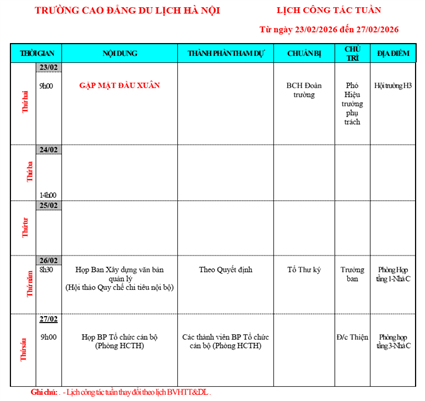 Lịch công tác tuần từ ngày 23/2 - 27/2/2026