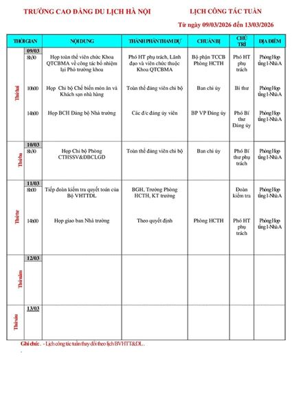 Lịch công tác tuần từ ngày 09/3 - 13/3/2026