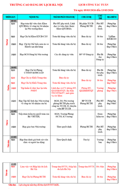 Lịch công tác tuần từ ngày 09/3 - 13/3/2026
