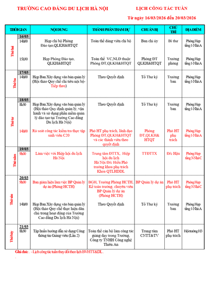 Lịch công tác tuần từ ngày 16/3 - 20/3/2026