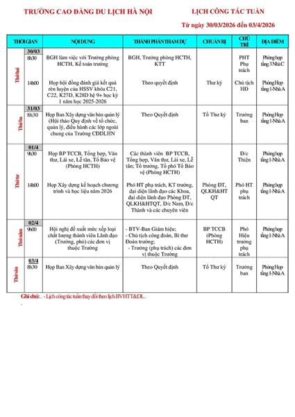 Lịch công tác tuần từ ngày 30/3 - 03/4/2026