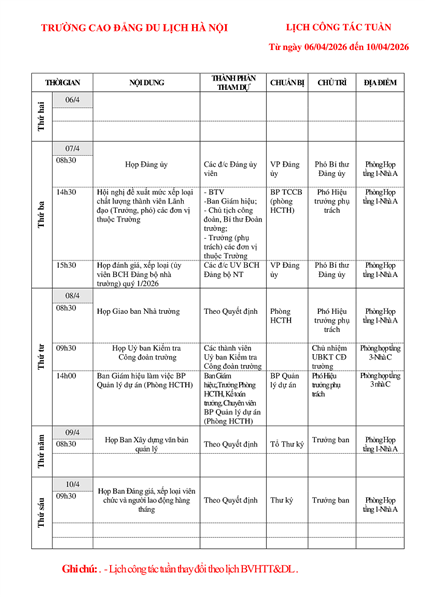 Lịch công tác tuần từ ngày 06/4 - 10/4/2026