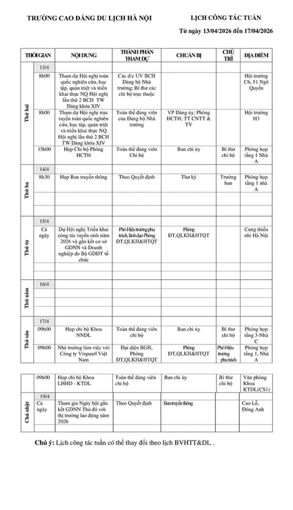 Lịch công tác tuần từ ngày 13/4 - 19/4/2026