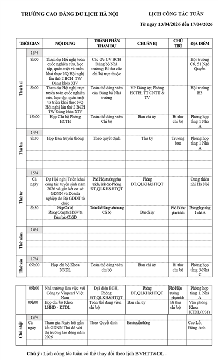 Lịch công tác tuần từ ngày 13/4 - 19/4/2026