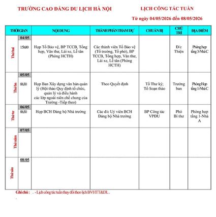 Lịch công tác tuần từ ngày 04/5 - 08/5/2026