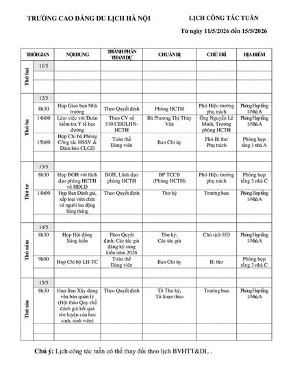 Lịch công tác tuần từ ngày 11/5 - 15/5/2026