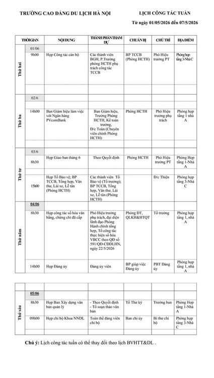 Lịch công tác tuần từ ngày 01/6 - 06/6/2026