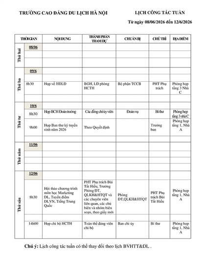 Lịch công tác tuần từ ngày 08/6 - 12/6/2026
