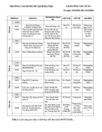 Lịch công tác tuần từ ngày 15/6 - 19/6/2026