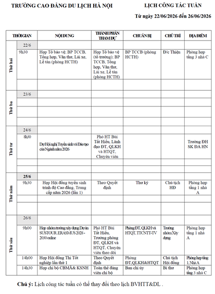 Lịch công tác tuần từ ngày 22/6 - 26/6/2026