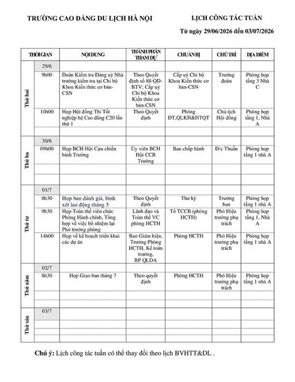 Lịch công tác tuần từ ngày 29/6 - 03/7/2026
