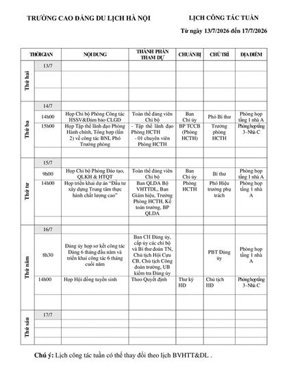 Lịch công tác tuần từ ngày 13/07 - 17/07/2026