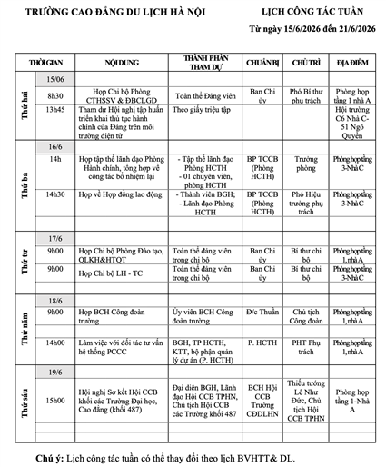 Lịch công tác tuần từ ngày 15/6 - 19/6/2026