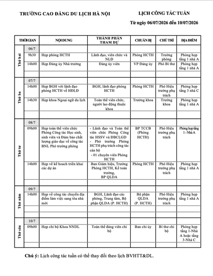 Lịch công tác tuần từ ngày 06/07 - 10/07/2026